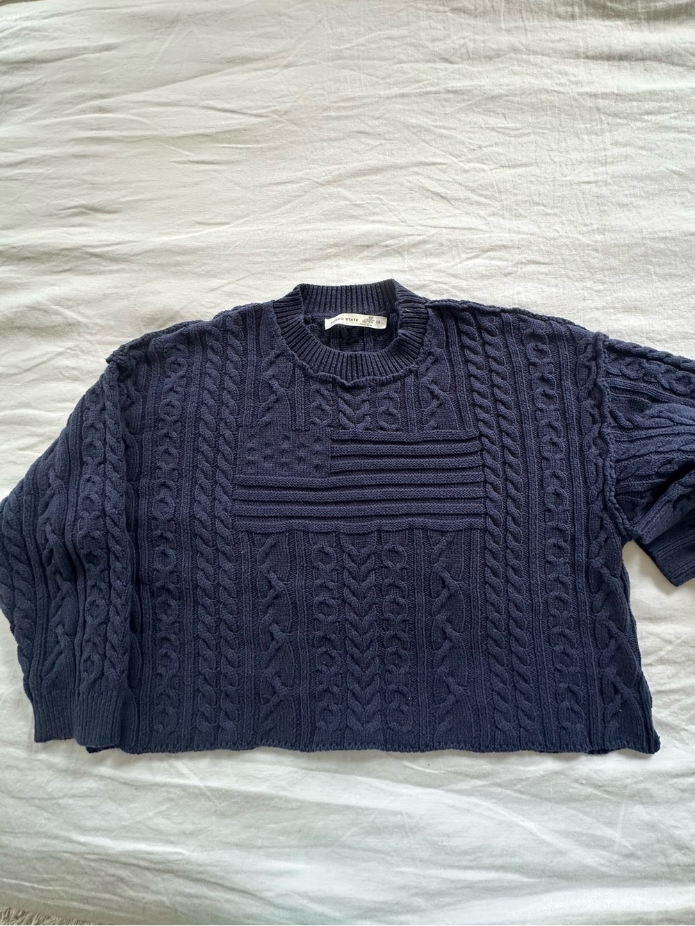 Altar'd State Navy Cable-Knit Crewneck Sweater with Flag Detail